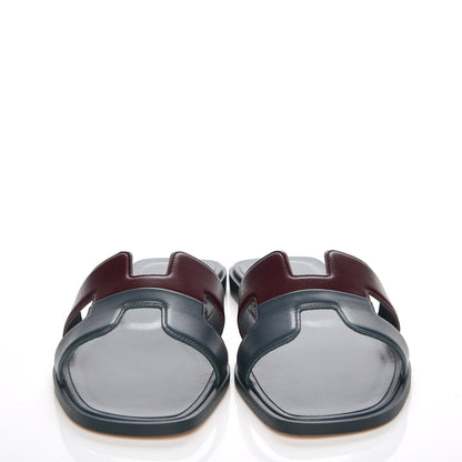 Hermes Box Calfskin Oran Sandals 37 Bleu Ardoise Bordeaux 2 of 8