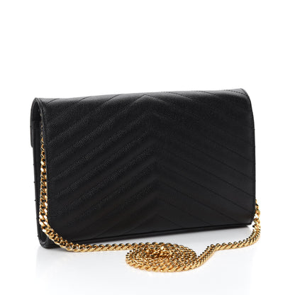 Saint Laurent Grain De Poudre Matelasse Chevron Monogram Chain Wallet Black 3 of 13