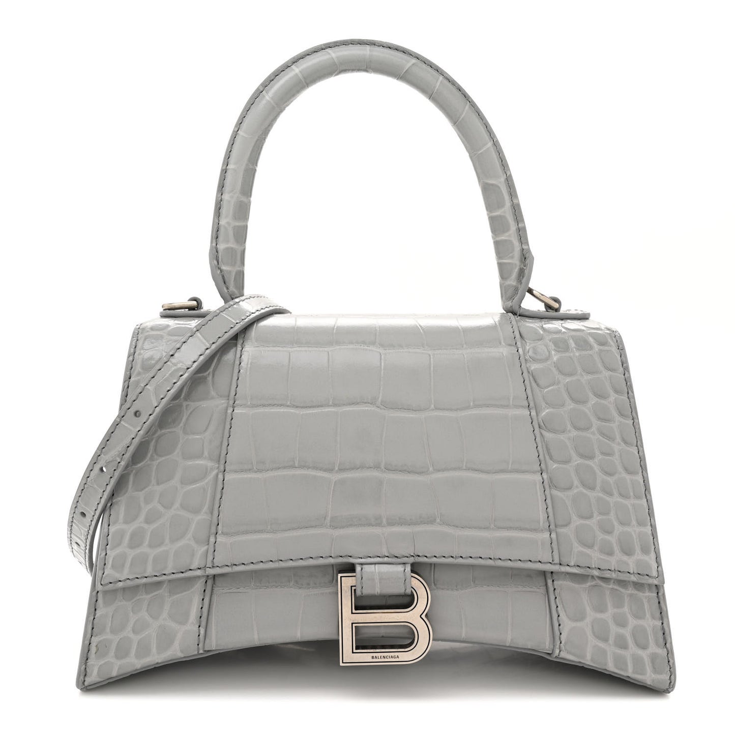 Shiny Calfskin Crocodile Embossed Small Hourglass Top Handle Bag Steel Grey