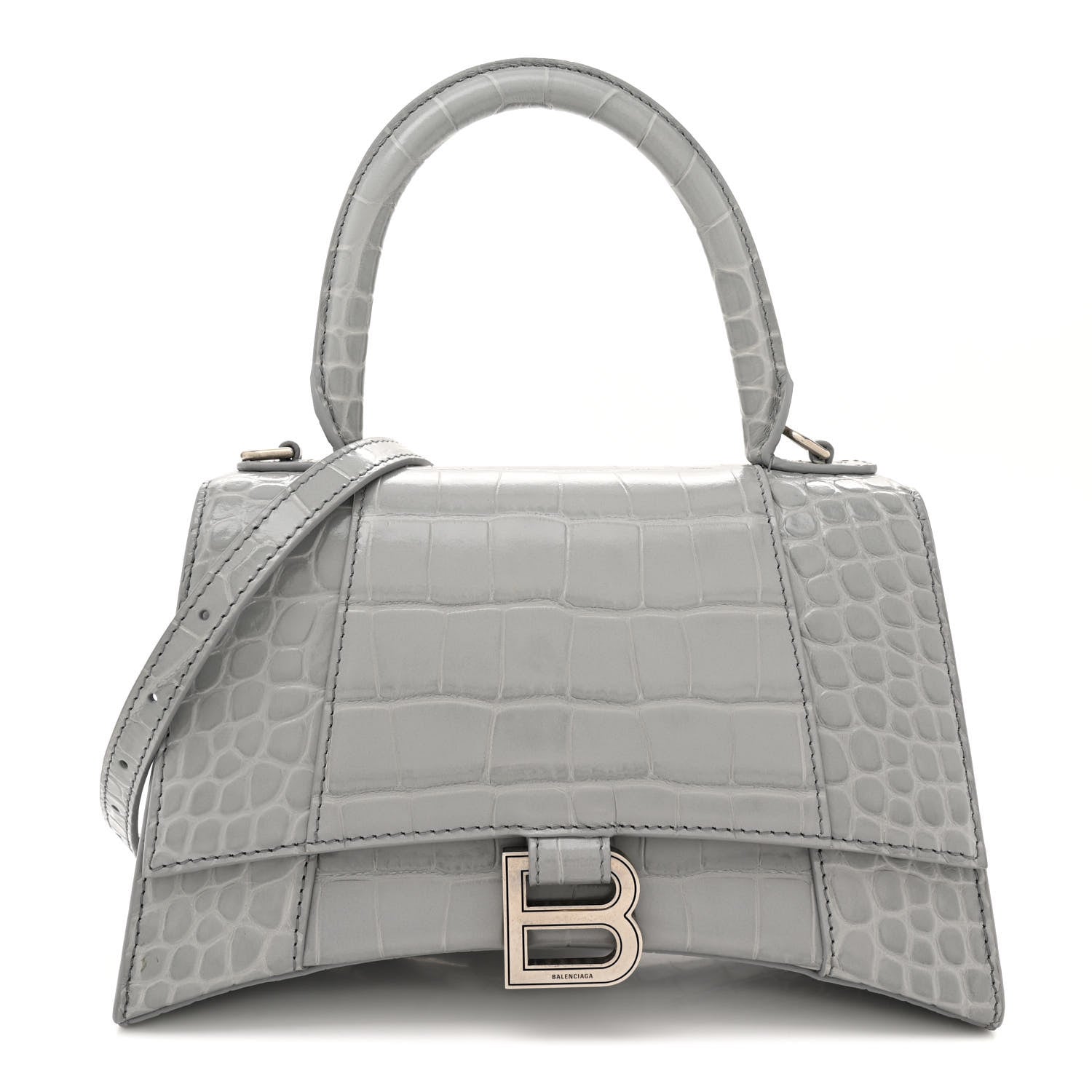 Balenciaga Shiny Calfskin Crocodile Embossed Small Hourglass Top Handle Bag Steel Grey 1 of 12