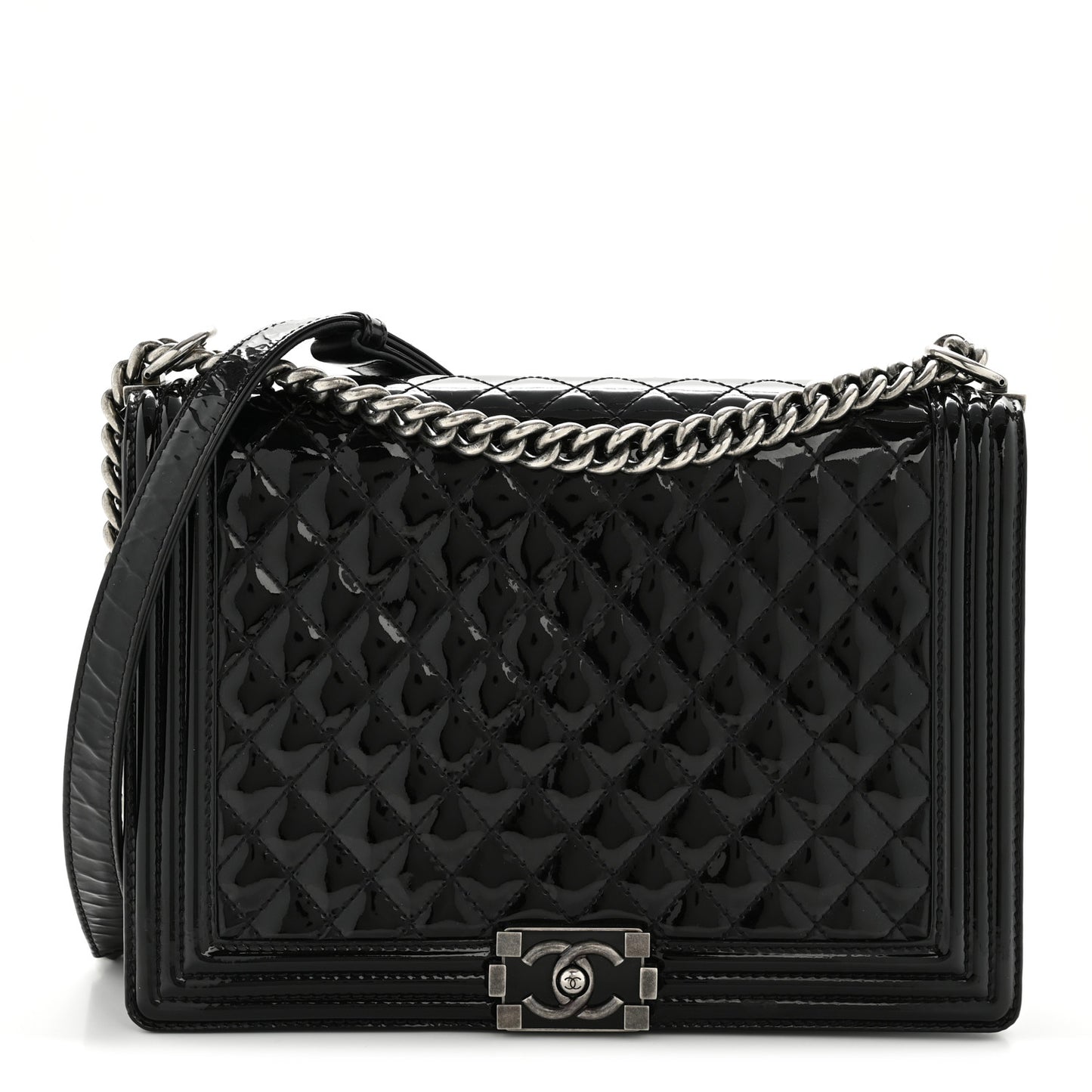 Patent Quilted Large Boy Flap Black