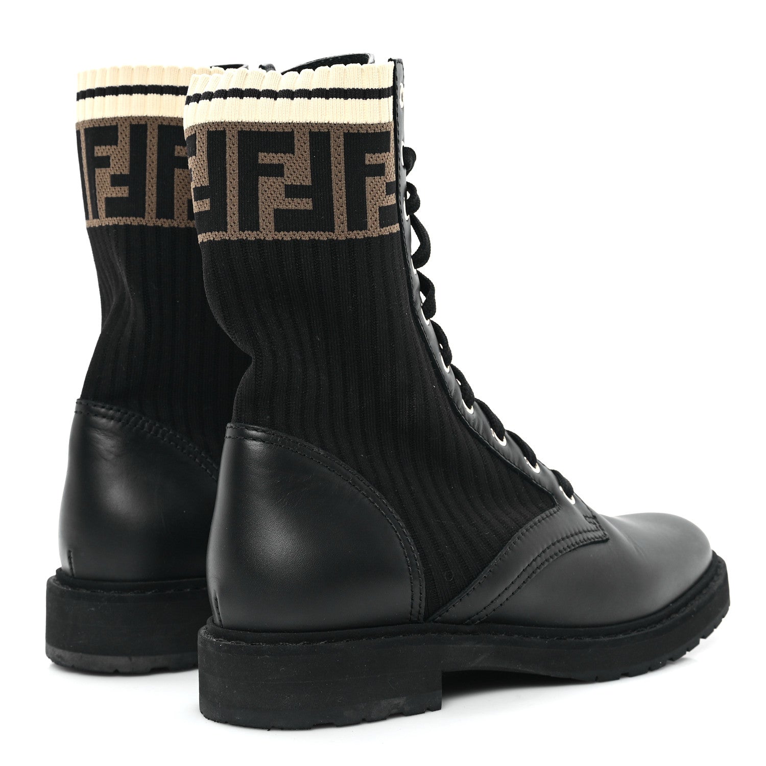 Fendi Calfskin Stretch Fabric Rockoko Biker Boots 38.5 Tobacco Black Marino 5 of 9