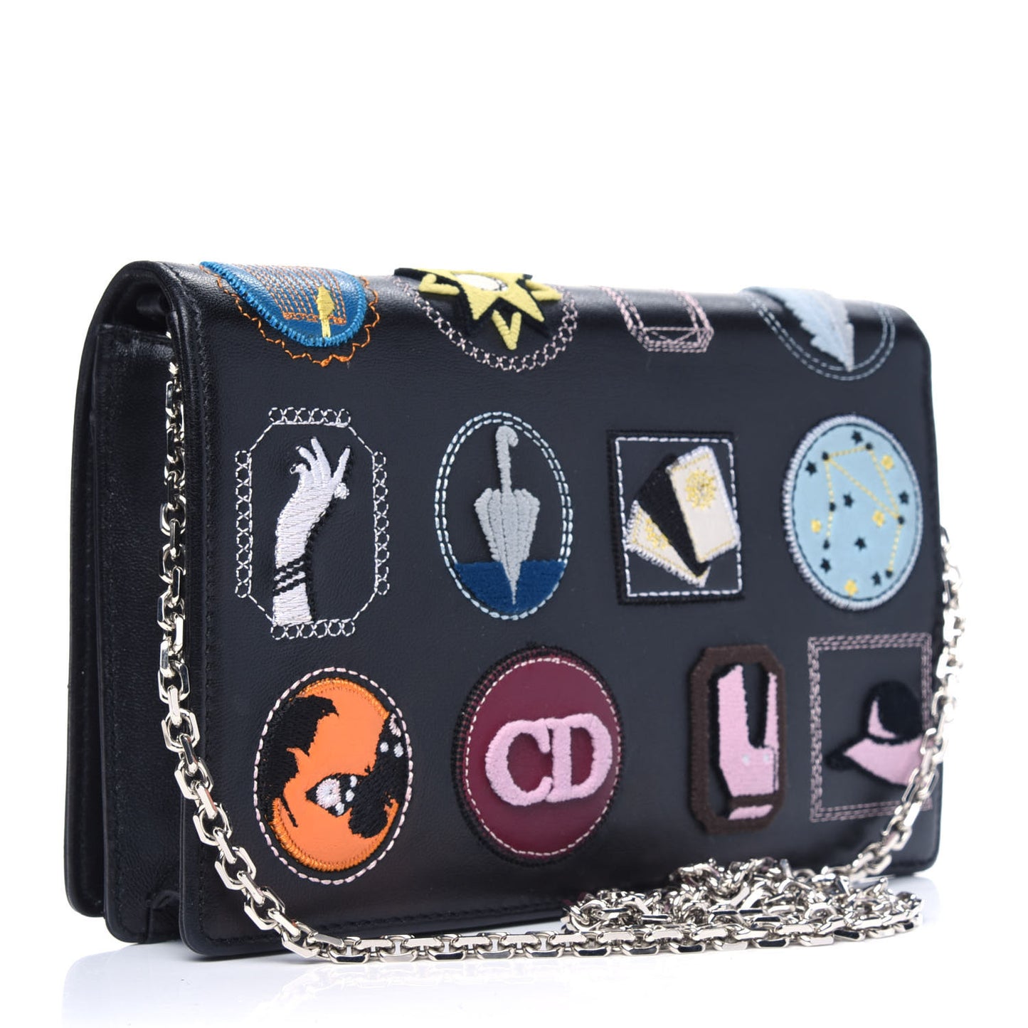 Calfskin Badges Chain Wallet Black