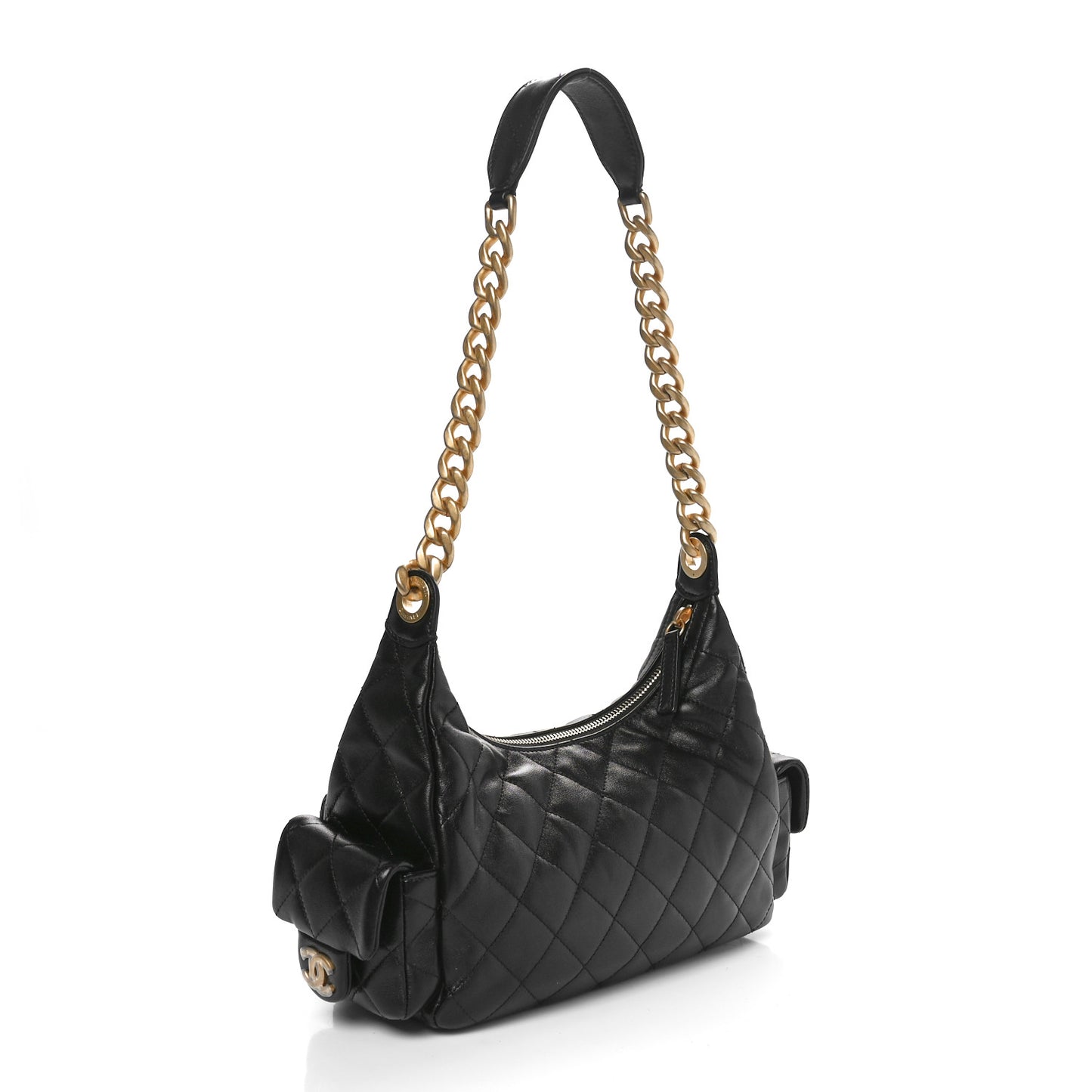 Shiny Lambskin Quilted Trendy Pockets Hobo Black