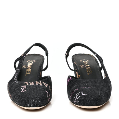 Chanel Denim Cap Toe Denim Mood Slingback Flats 37.5 Black Multicolor 2 of 8