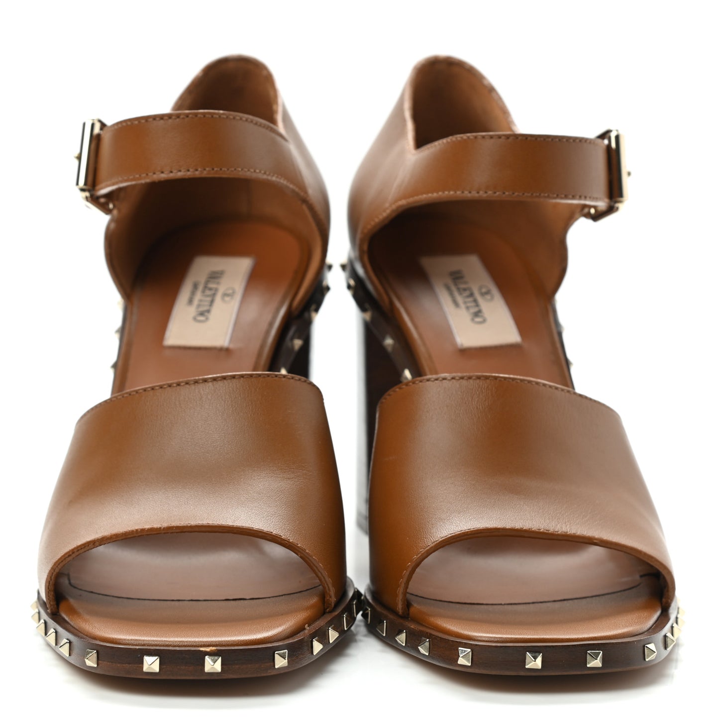 Calfskin Rockstud Ankle Strap Sandals 38 Brown
