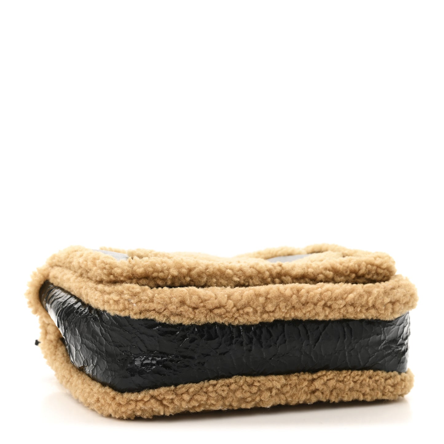 Shiny Crumpled Sheepskin Shearling CC Mania Flap Bag Black Beige