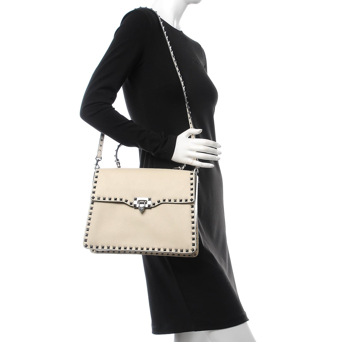 Grained Calfskin Rockstud Top Handle Flap Shoulder Bag Light Ivory