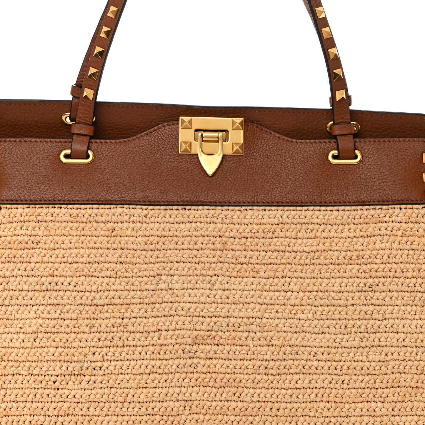 Raffia Calfskin Rockstud Tote Naturale Saddle Brown