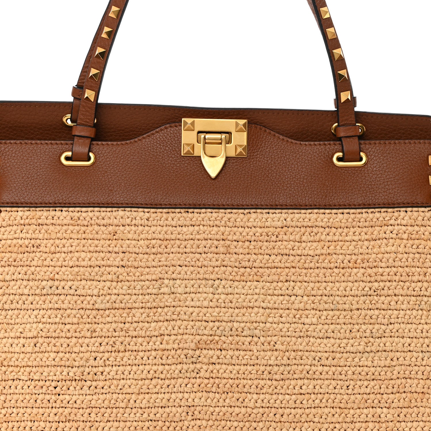 Valentino Garavani Raffia Calfskin Rockstud Tote Naturale Saddle Brown 10 of 12