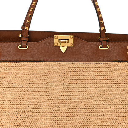 Valentino Garavani Raffia Calfskin Rockstud Tote Naturale Saddle Brown 10 of 12