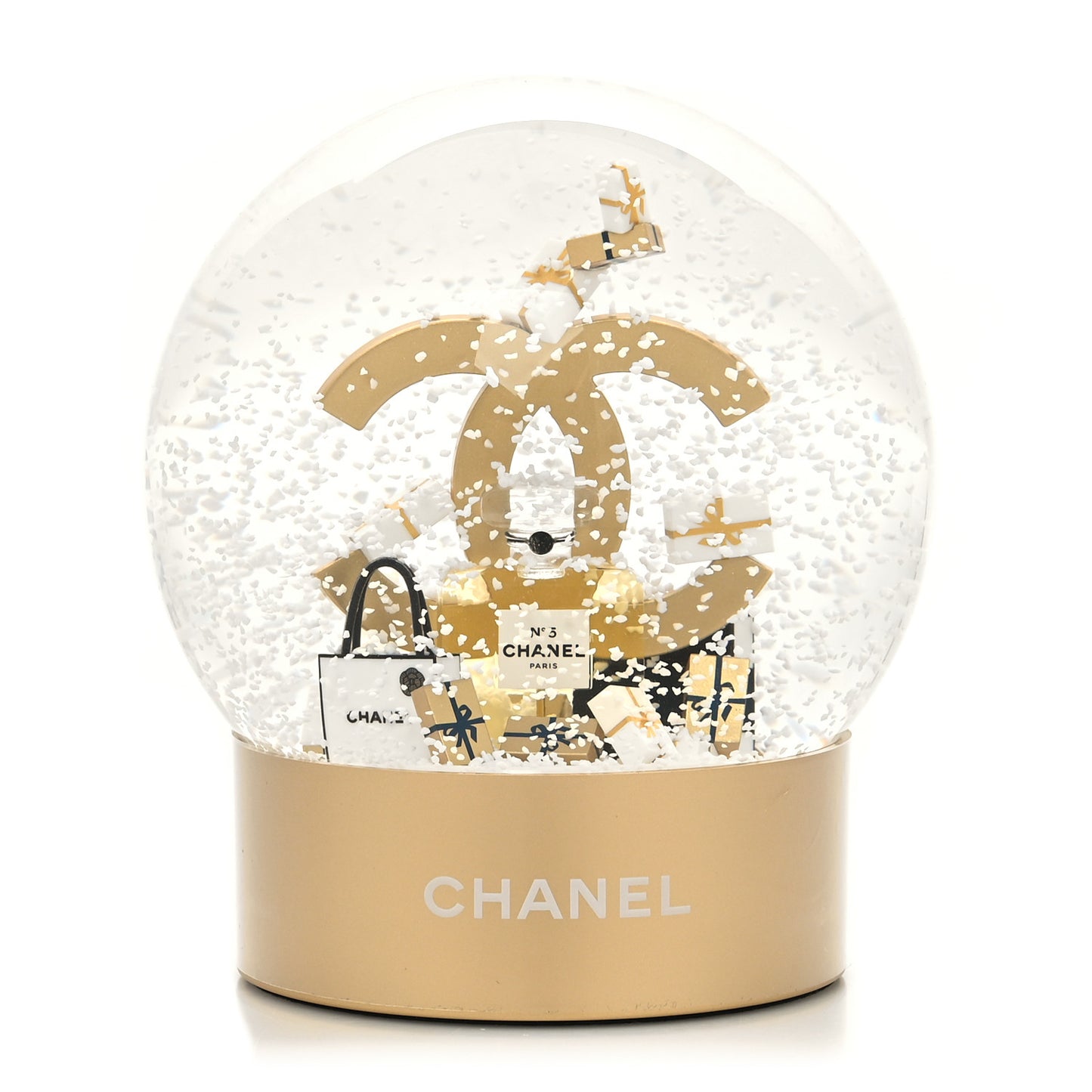 Glass CC Shopping Bag Snow Globe Gold