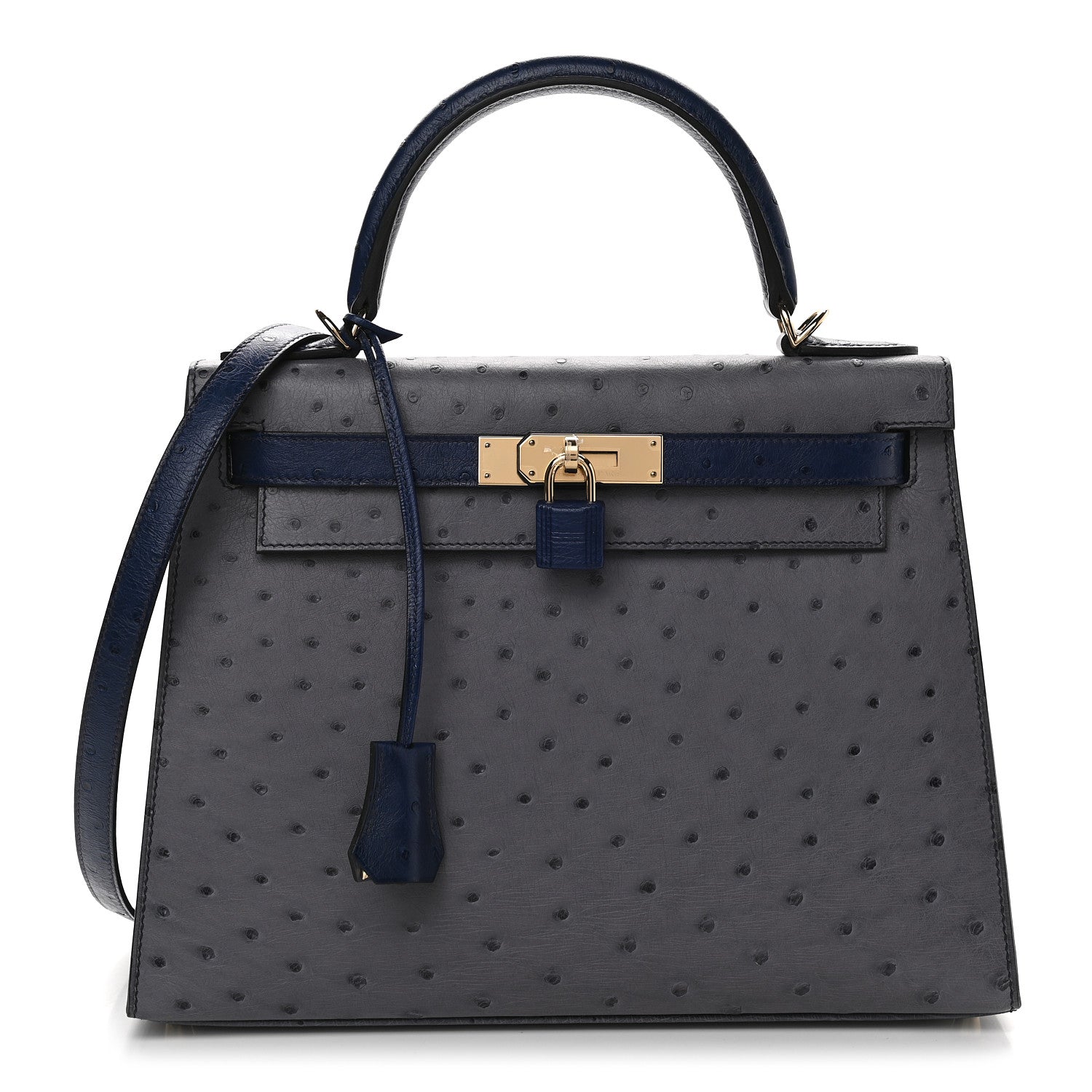 Hermes Ostrich Horseshoe Kelly Sellier 28 Gris Agate Bleu Iris 1 of 9