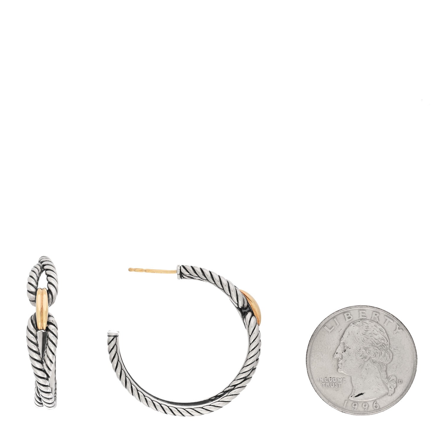 David Yurman Sterling Silver 18K Yellow Gold Cable Loop Hoop Earrings 2 of 4