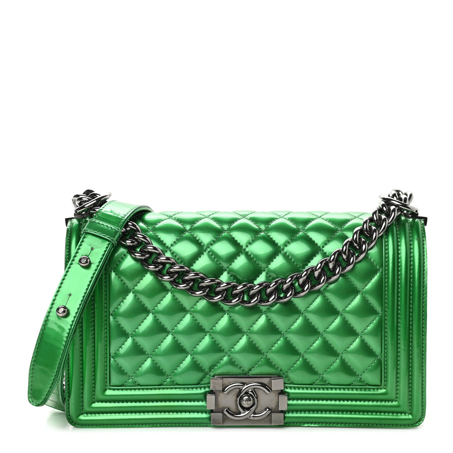 Metallic Patent Calfskin Quilted Medium Boy Flap Green