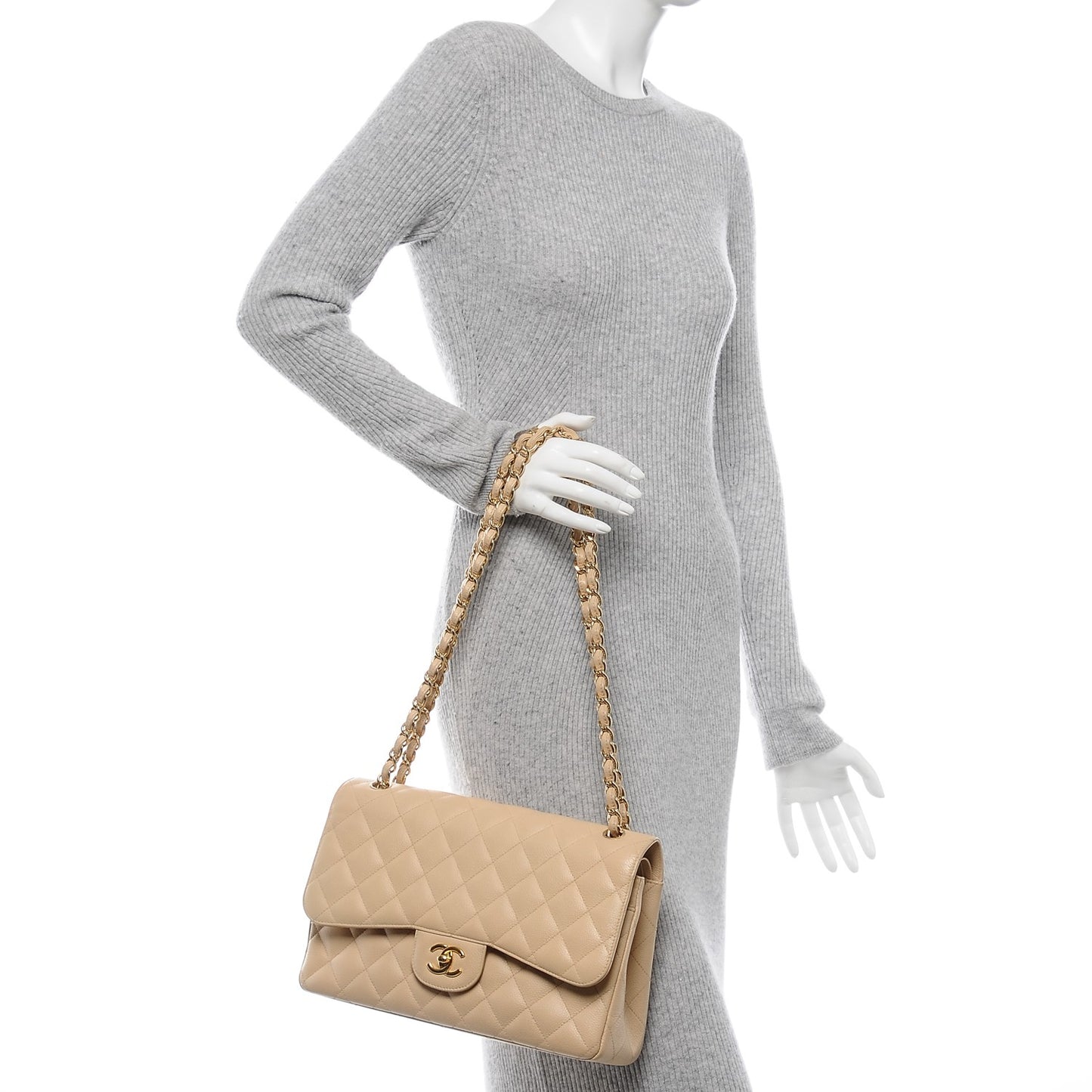 Caviar Quilted Jumbo Double Flap Beige