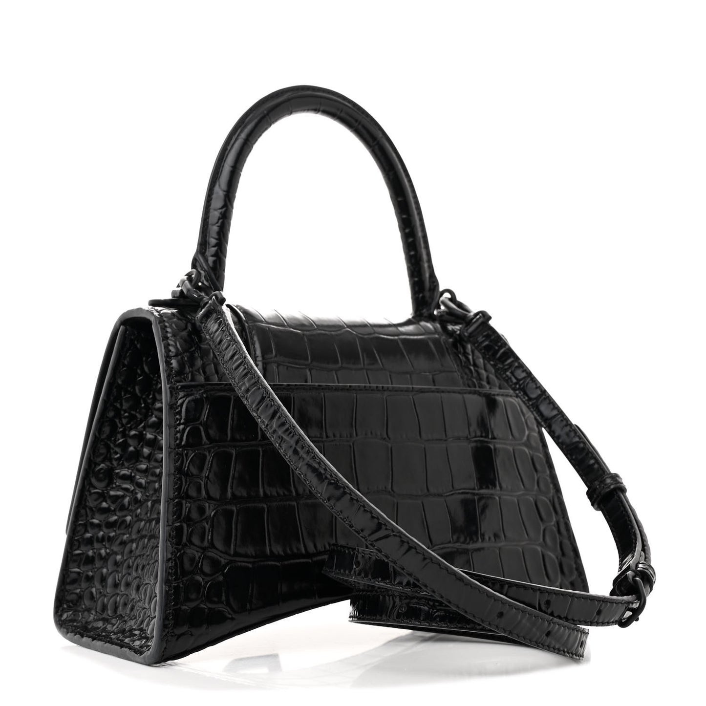 Shiny Calfskin Monochrome Crocodile Embossed Small Hourglass Top Handle Bag Black