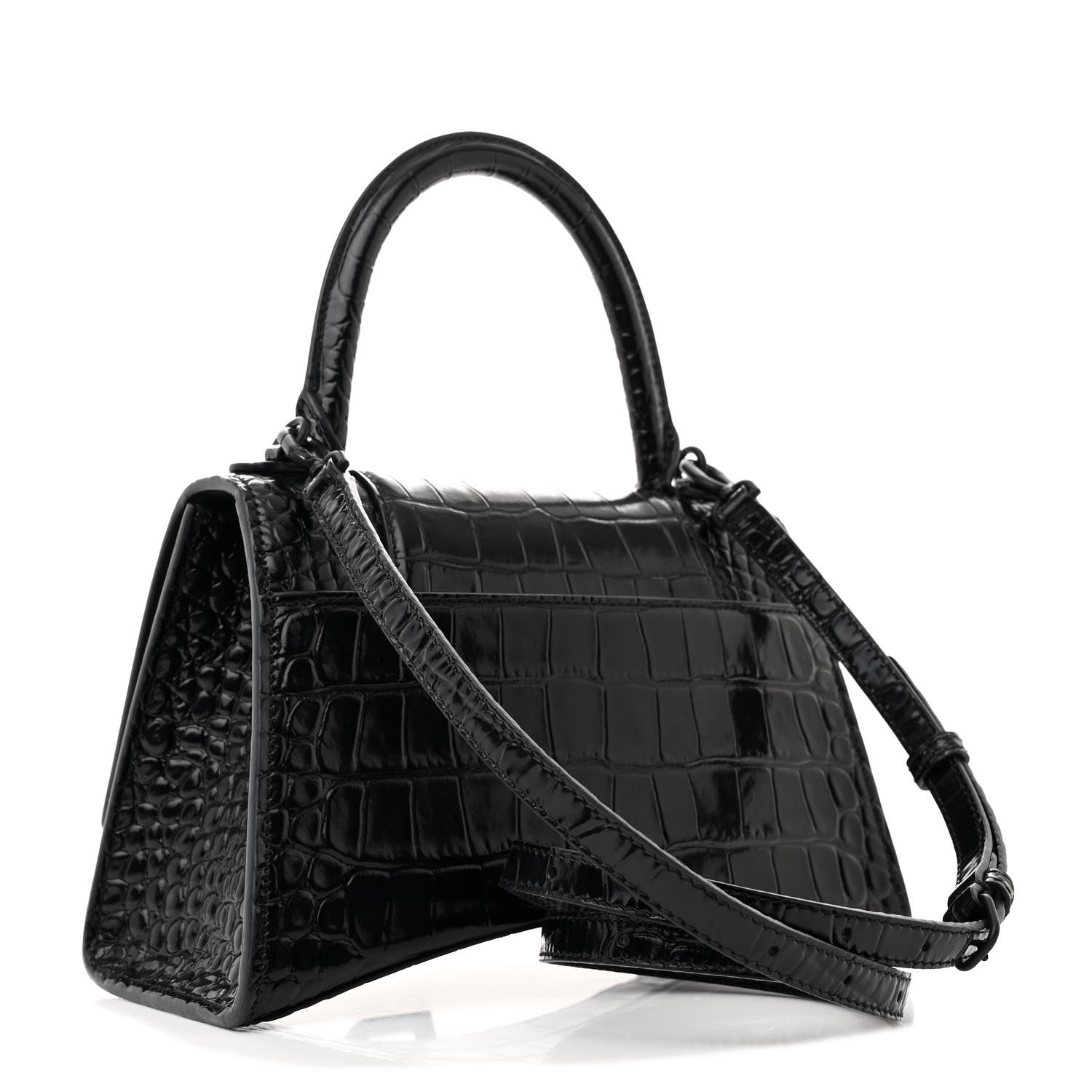 Balenciaga Shiny Calfskin Monochrome Crocodile Embossed Small Hourglass Top Handle Bag Black 3 of 15