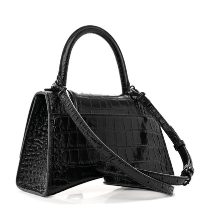 Balenciaga Shiny Calfskin Monochrome Crocodile Embossed Small Hourglass Top Handle Bag Black 3 of 15