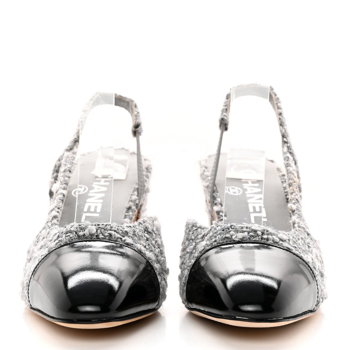 Tweed Patent Cap Toe CC Slingback Pumps 36.5 Gray