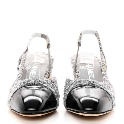 Chanel Tweed Patent Cap Toe CC Slingback Pumps 36.5 Gray 2 of 16