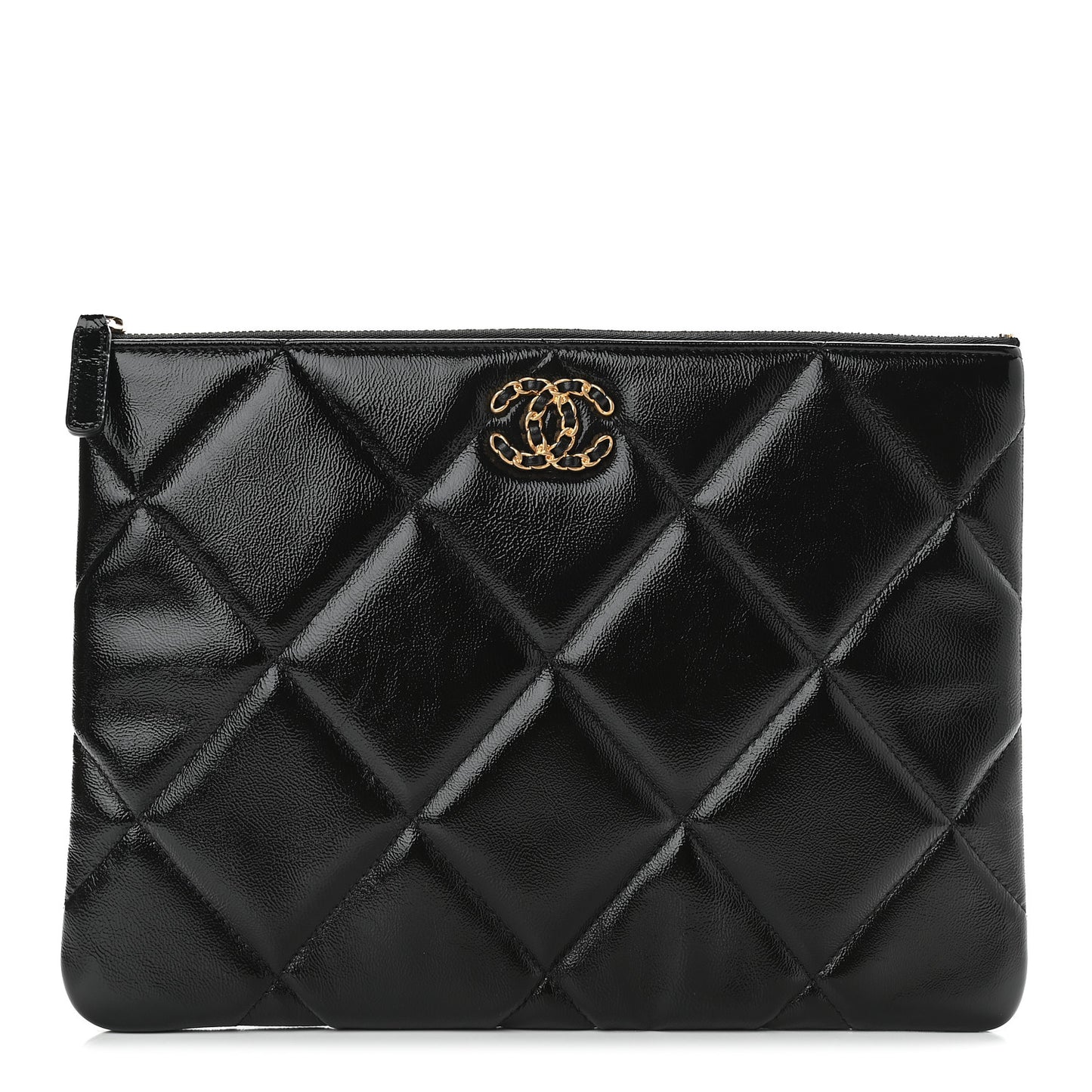 Shiny Crumpled Calfskin Quilted Large Chanel 19 Cosmetic Case Black