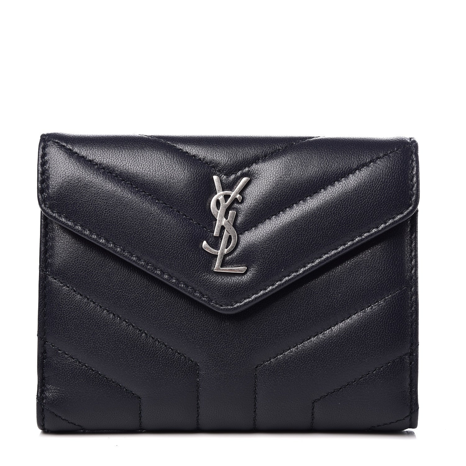 Saint Laurent Lambskin Y Quilted Monogram Compact Loulou Wallet Navy 1 of 7