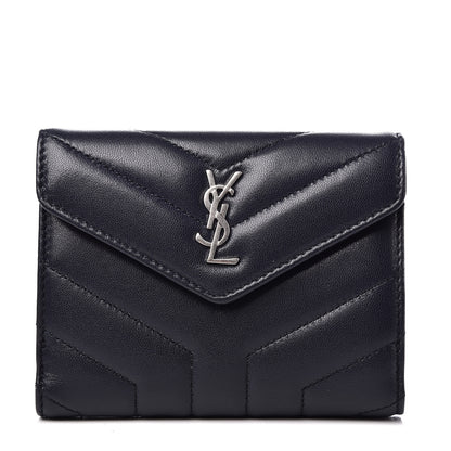 Saint Laurent Lambskin Y Quilted Monogram Compact Loulou Wallet Navy 1 of 7