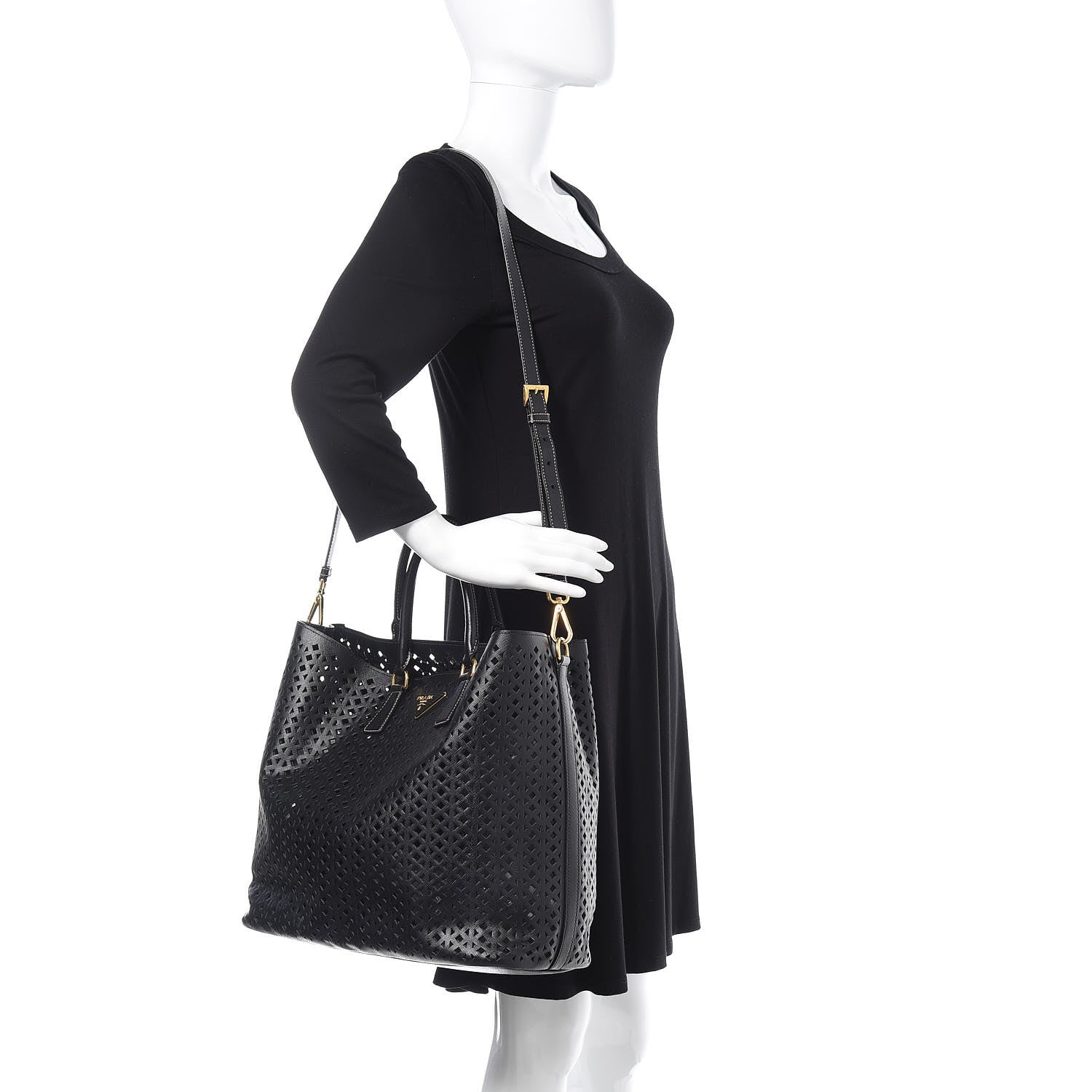 Prada Saffiano Perforated Tote Black 2 of 17