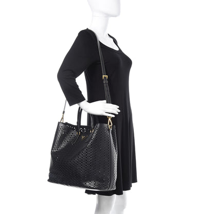 Prada Saffiano Perforated Tote Black 2 of 17
