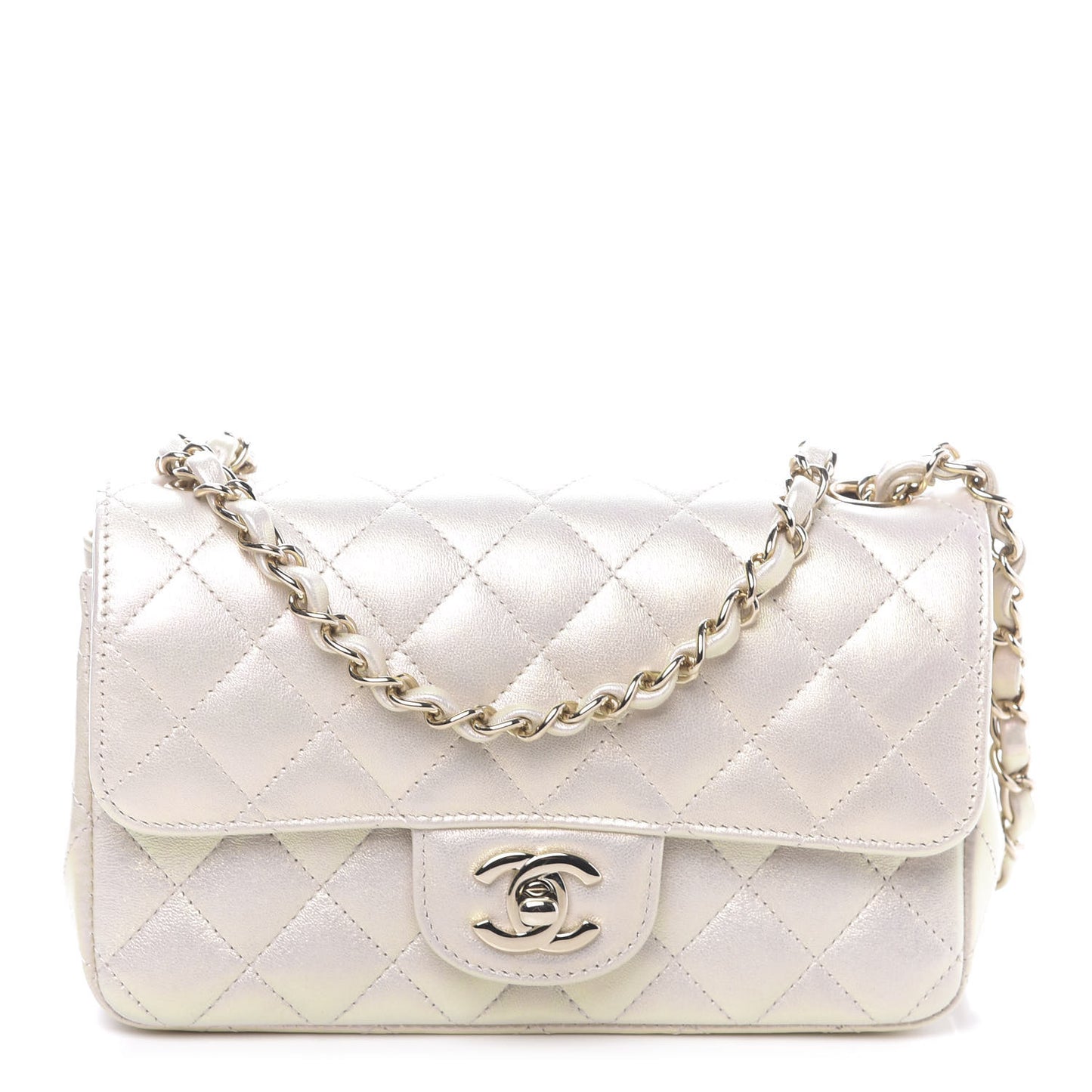 Iridescent Lambskin Quilted Mini Rectangular Flap Ivory