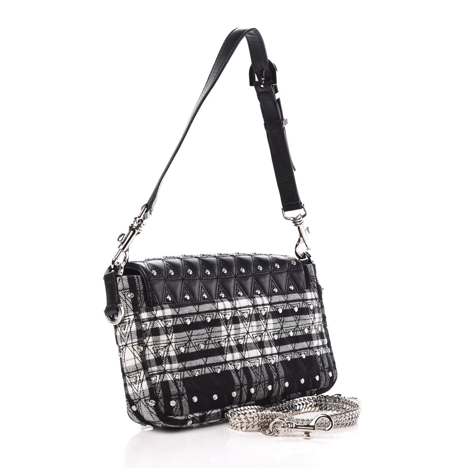 Versace Calfskin Plaid Quilted Studded Shoulder Bag Black 3 of 7