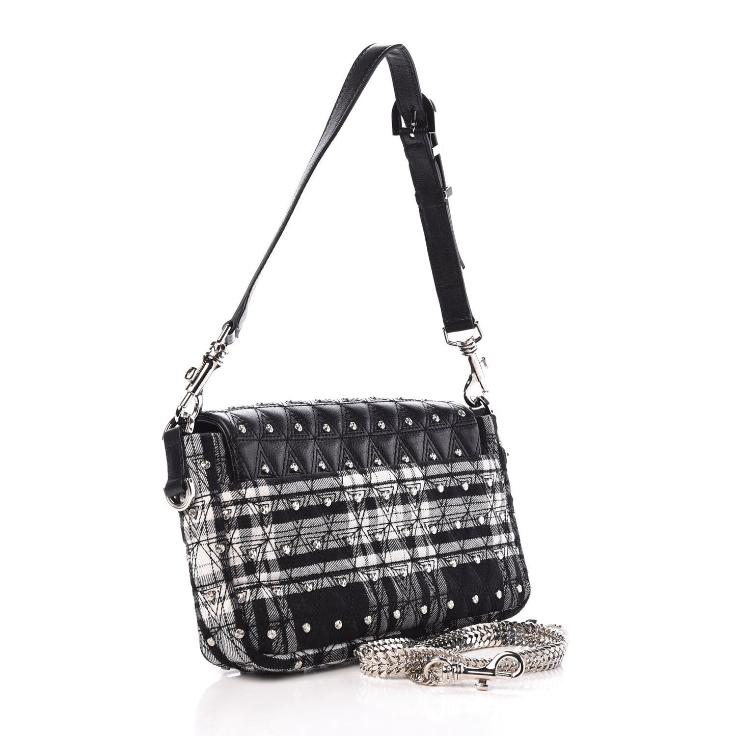 Calfskin Plaid Quilted Studded Shoulder Bag Black