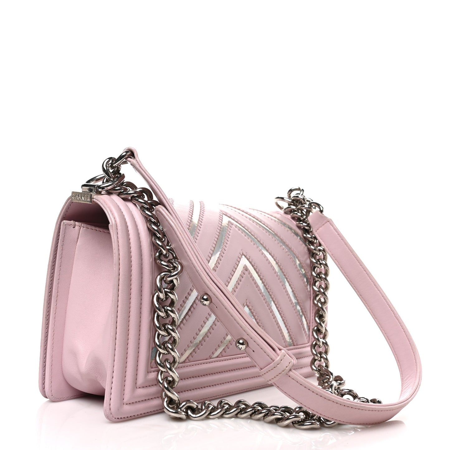 Lambskin Iridescent PVC Medium Boy Flap Light Pink Silver