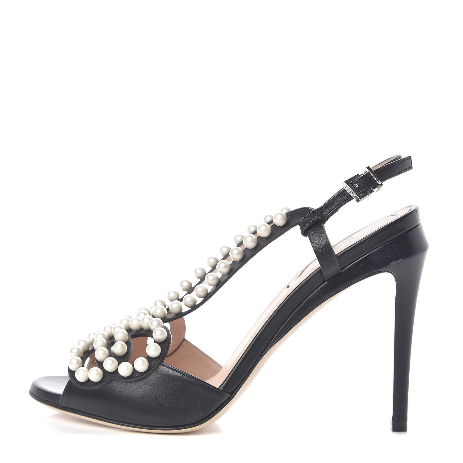 Fendi Calfskin Faux Pearl Embellished Bow Ankle Strap Heel 37 Black 1 of 8