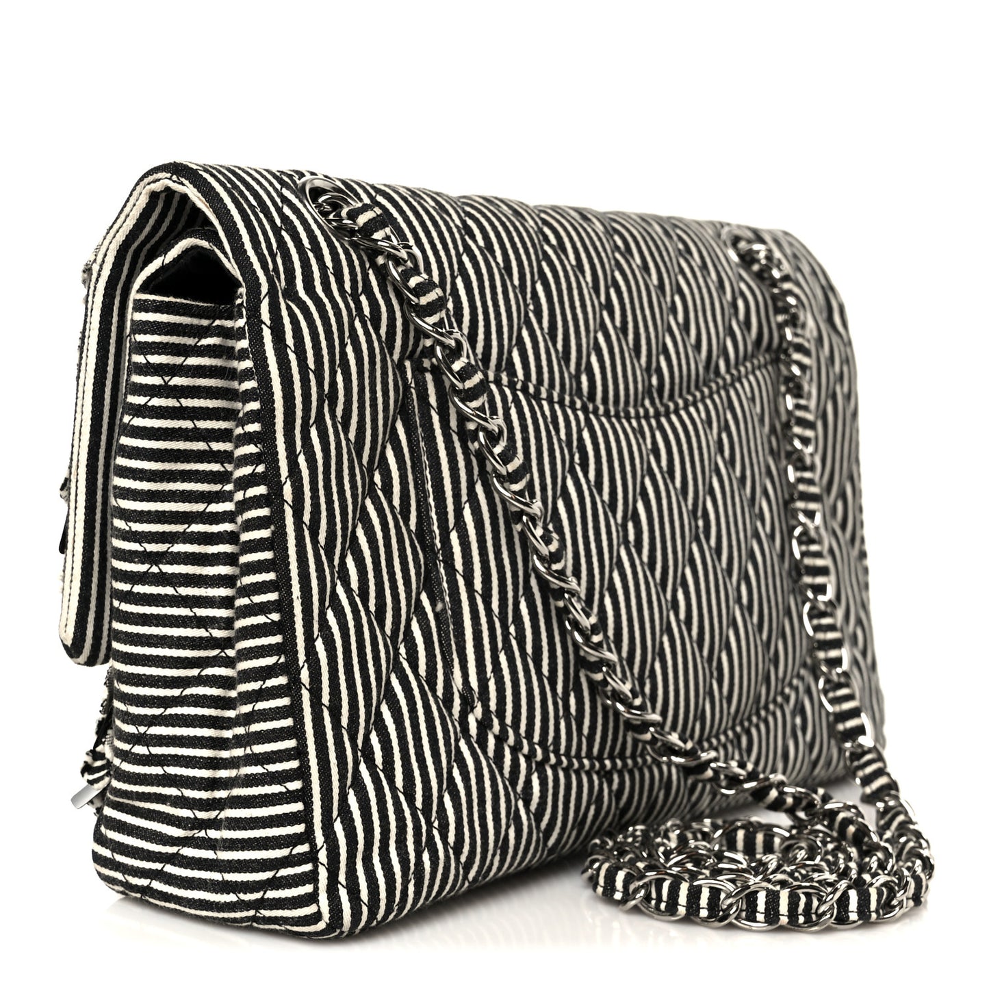 Canvas Sequin Stripe Medium Double Flap Black White