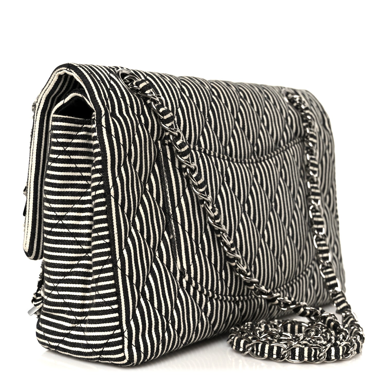 Chanel Canvas Sequin Stripe Medium Double Flap Black White 3 of 11