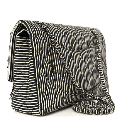 Chanel Canvas Sequin Stripe Medium Double Flap Black White 3 of 11