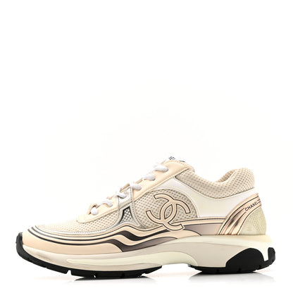 Chanel Fabric Laminated Calfskin Stretch CC Sneakers 37 Ivory White Silver 1 of 14