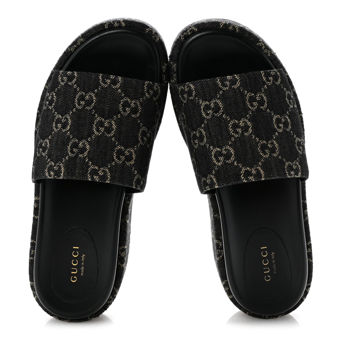Jacquard Black Denim GG Monogram Angelina Platform 55mm Slide Sandals 38.5 Black Ivory