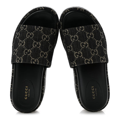 Gucci Jacquard Black Denim GG Monogram Angelina Platform 55mm Slide Sandals 38.5 Black Ivory 2 of 12