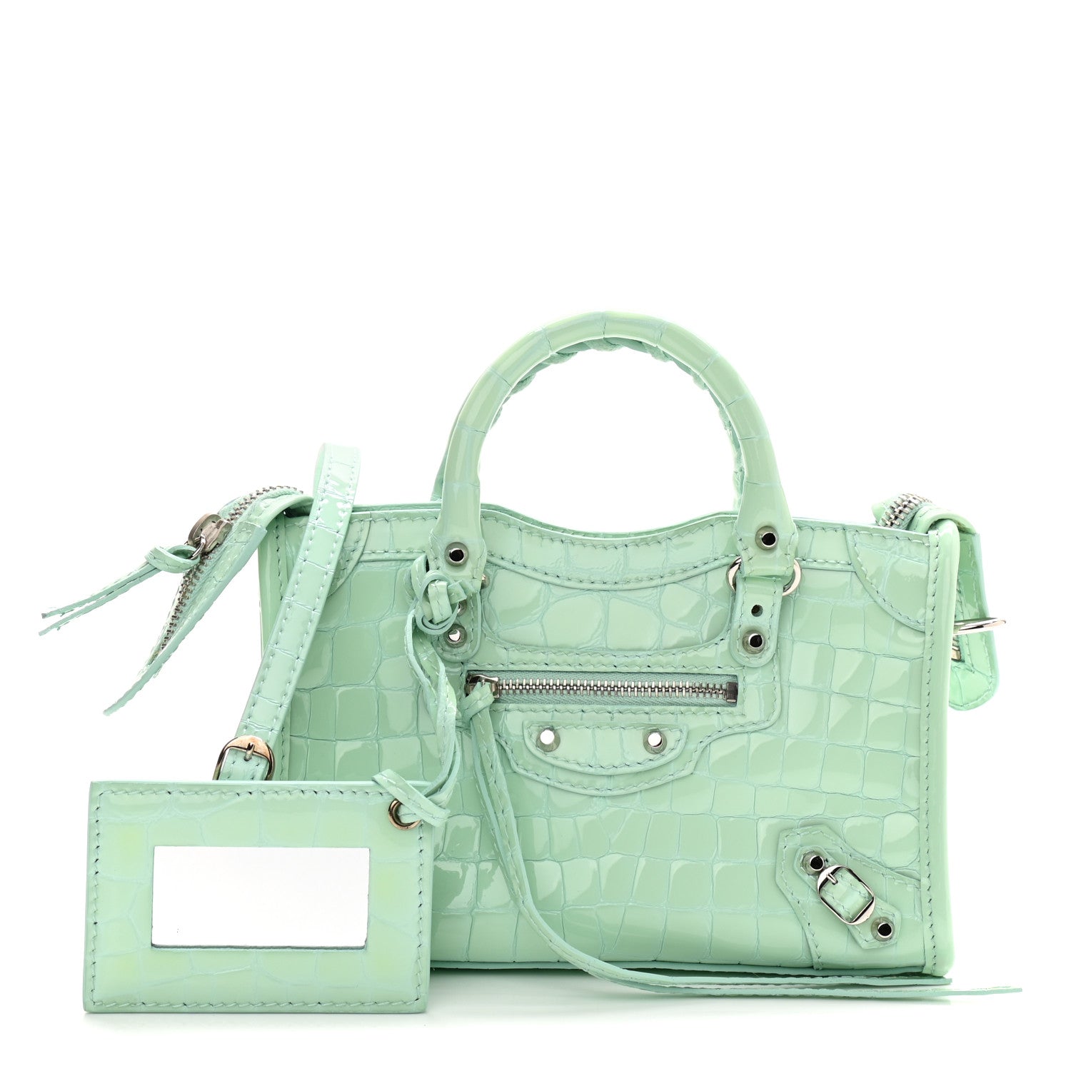 Balenciaga Patent Crocodile Embossed Classic Silver Hardware Nano City Light Green 1 of 10