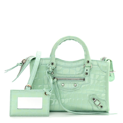 Balenciaga Patent Crocodile Embossed Classic Silver Hardware Nano City Light Green 1 of 10