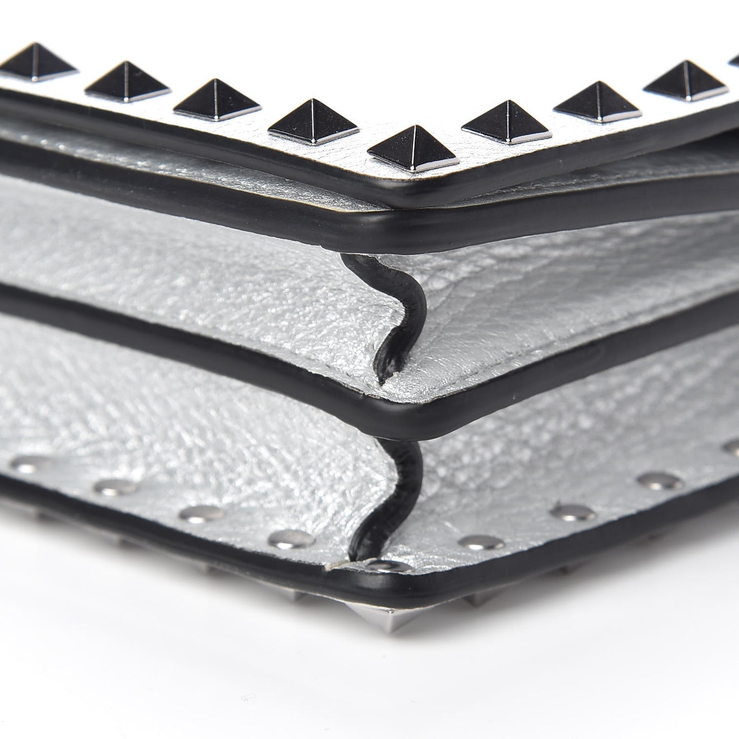 Metallic Pebbled Calfskin Rockstud Wallet on Chain Silver