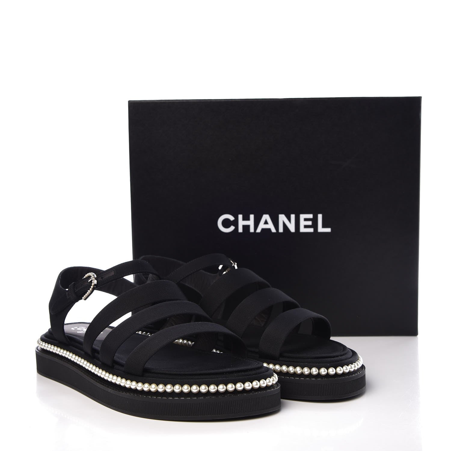 Chanel Grosgrain Pearl Flat Sandals 39 Black 10 of 10
