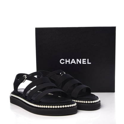 Chanel Grosgrain Pearl Flat Sandals 39 Black 10 of 10