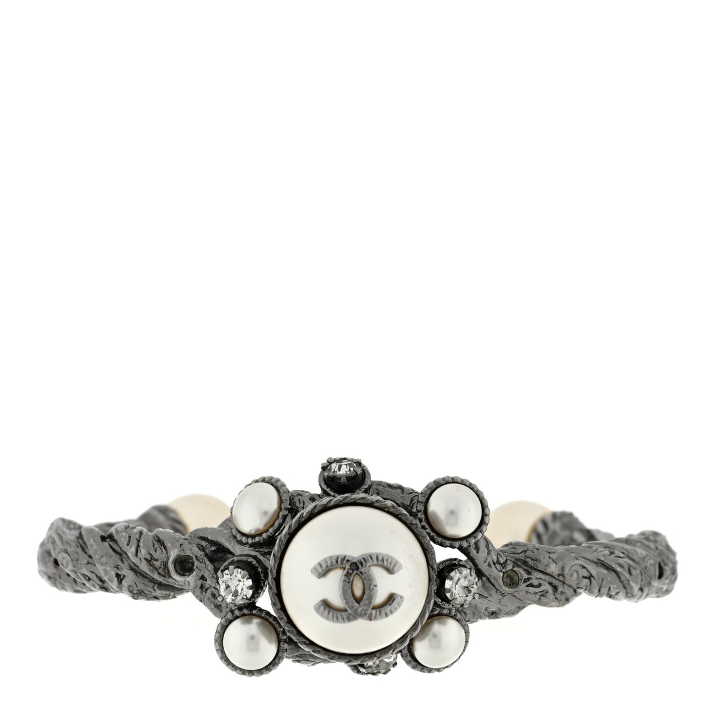 Metal Pearl Crystal CC Cuff Silver