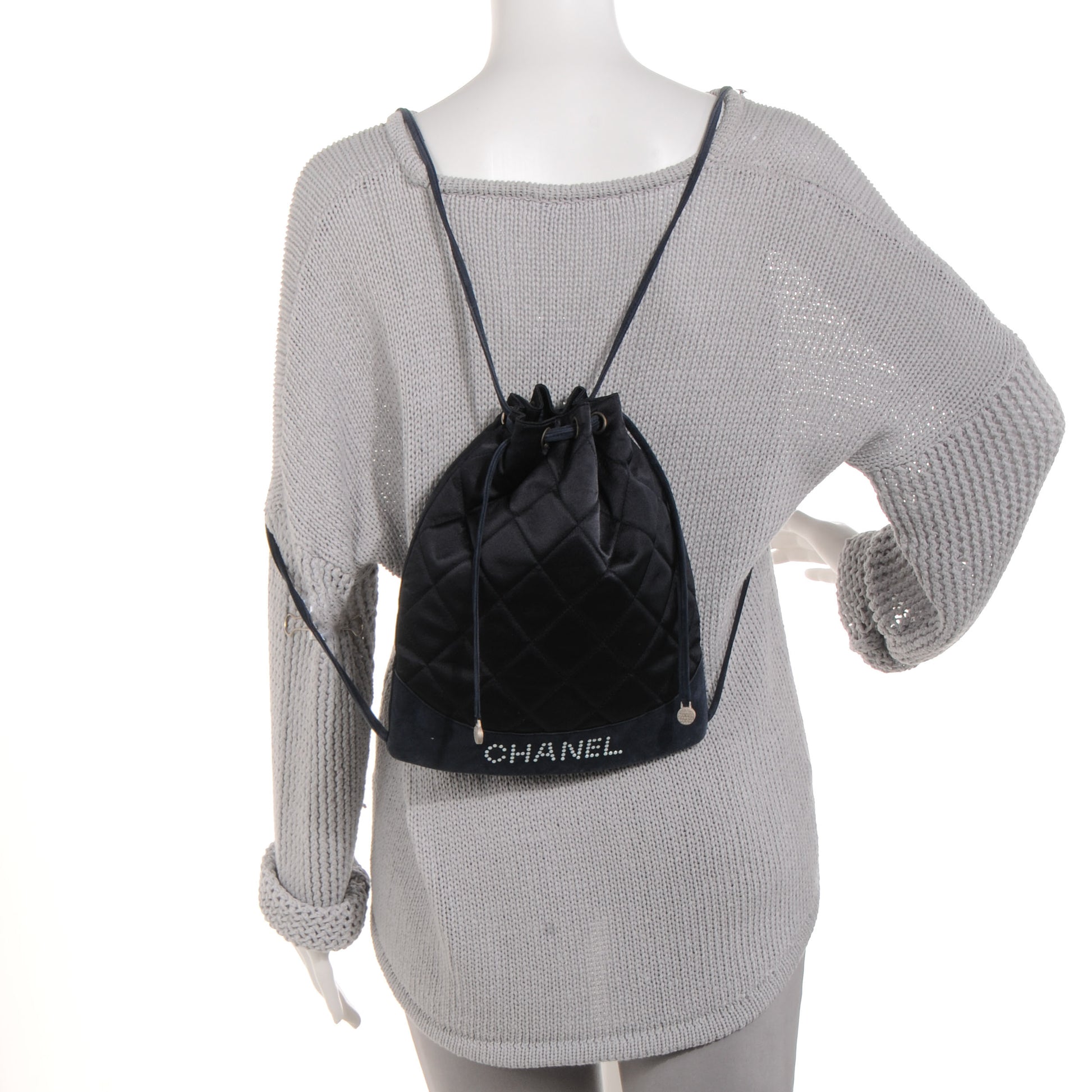 Chanel Satin Suede Quilted Drawstring Backpack Black 2 of 7
