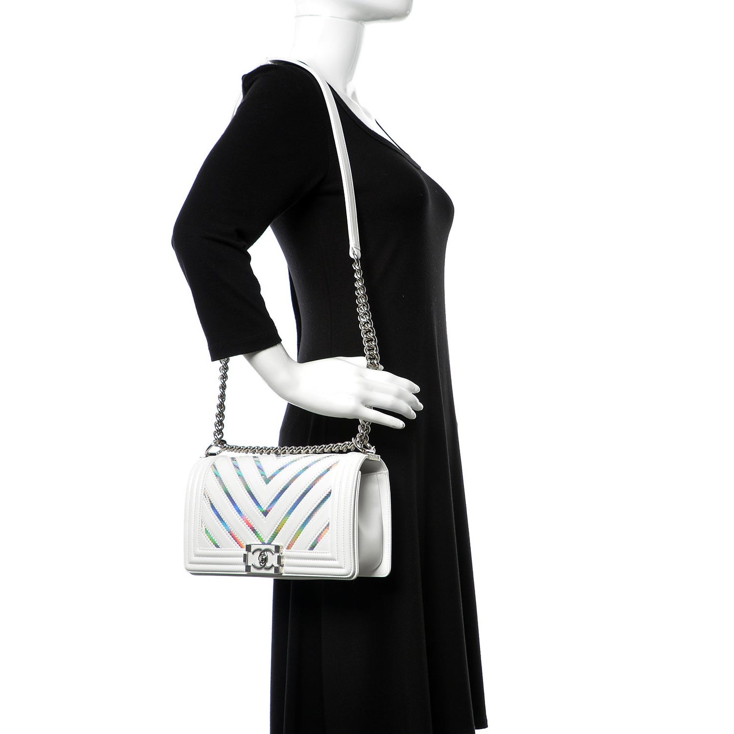 Lambskin Iridescent PVC Chevron Quilted Medium Boy Flap White Silver