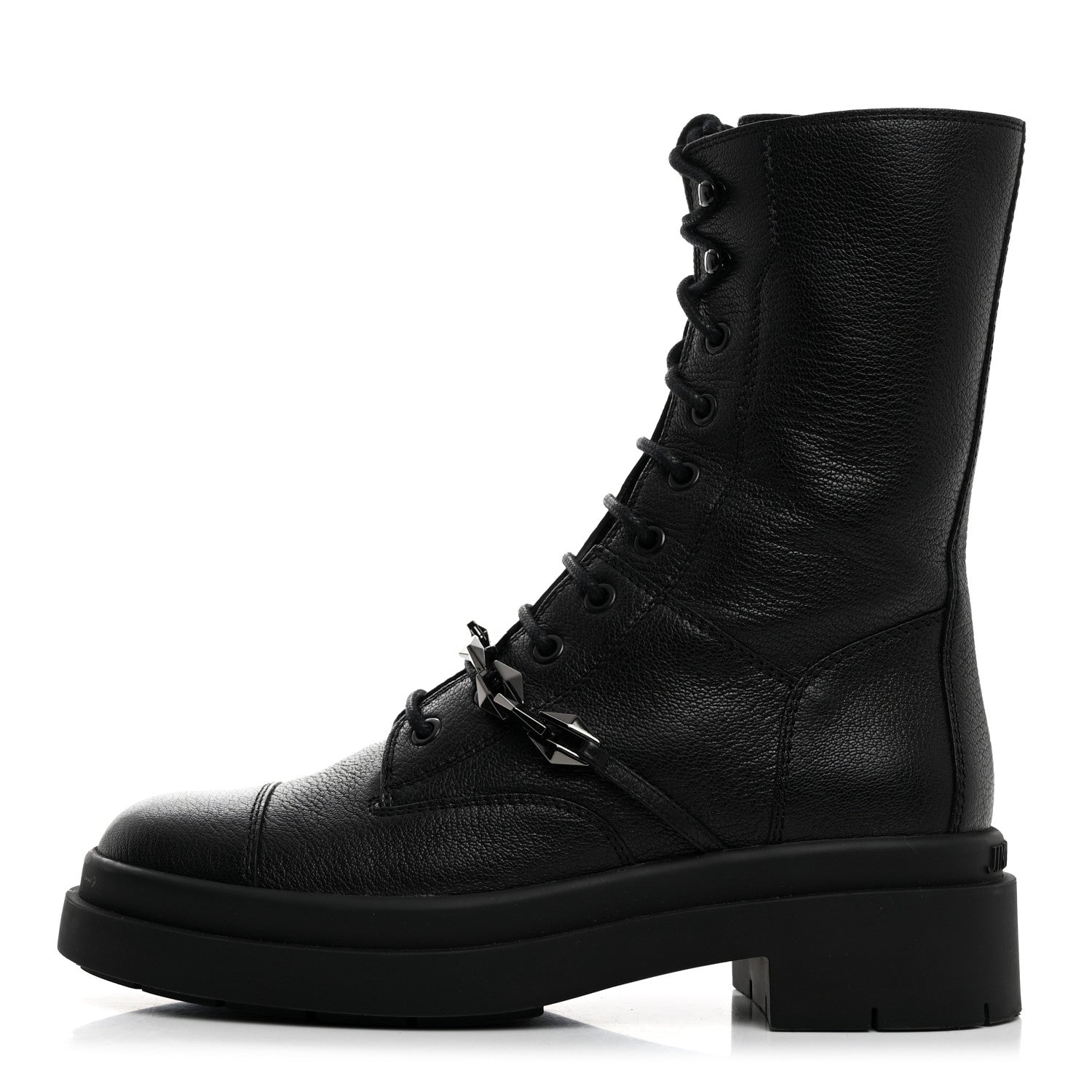 Jimmy Choo Grained Calfskin Nari Diamond Chain Flat Boots 39 Black Anthracite 1 of 8